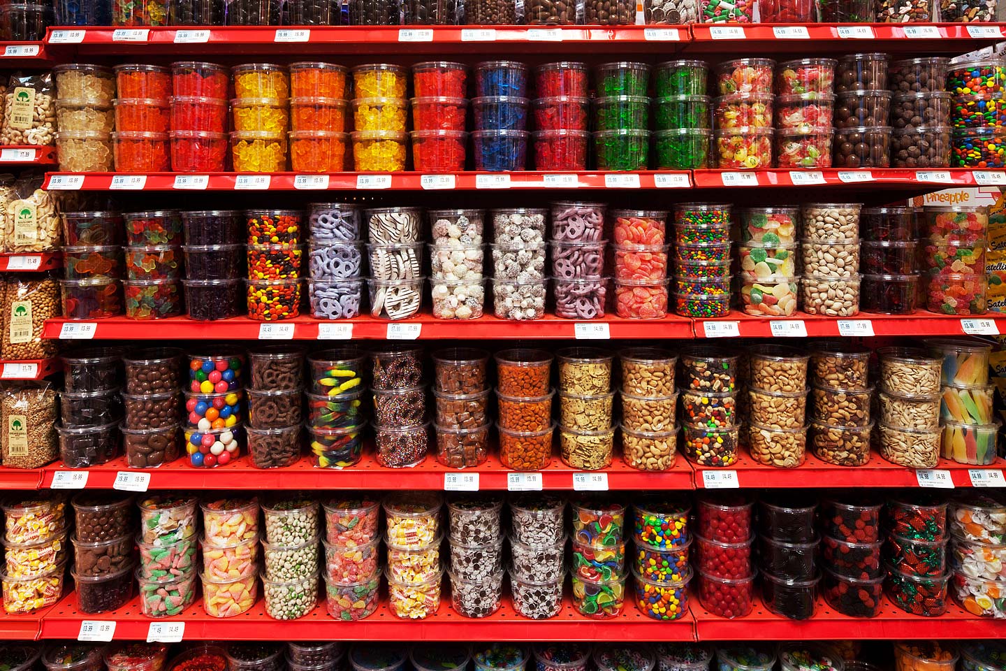 shelves upon colorful shelves of bulk candy and nuts for sale at antons fruit ranch