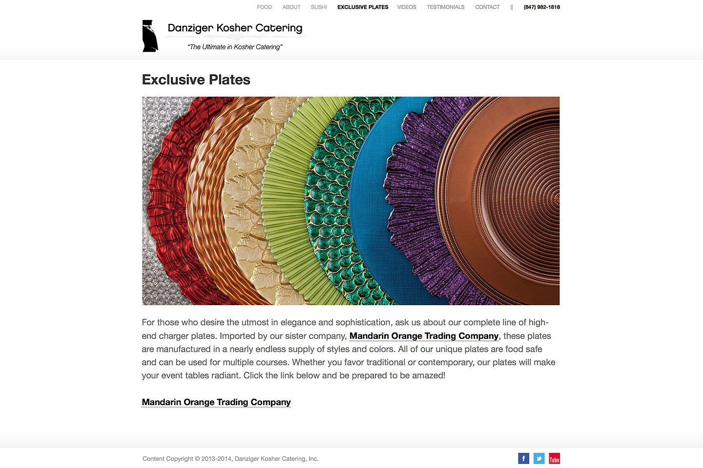 a rainbow array of beautiful exclusive charger plates available from mandarin orange trading company for use by danziger kosher catering clients