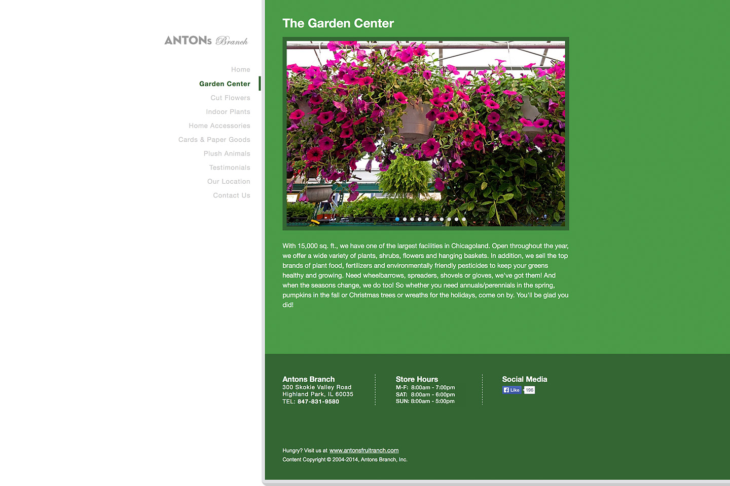 a screen capture of the garden center page, featuring several hanging baskets of purple petunias for sale in the antons branch green house
