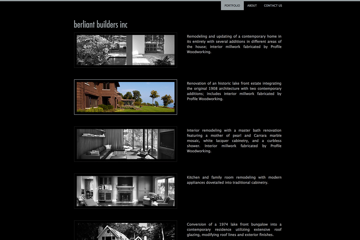a screen capture of the portfolio page, featuring selected projects completed by berliant builders