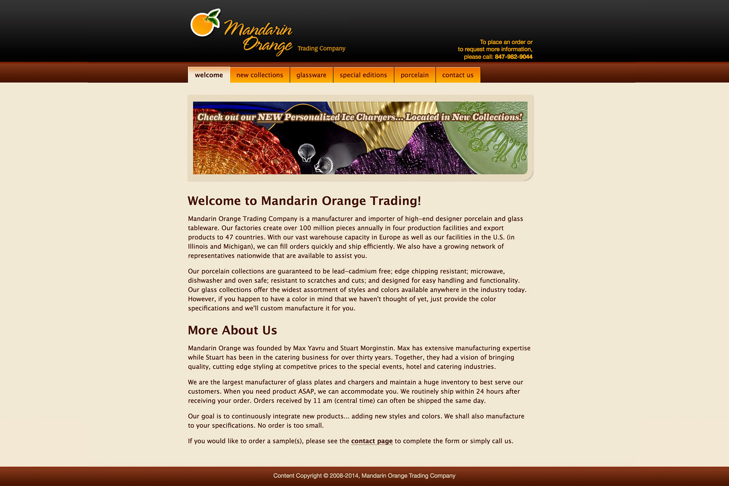 a screen capture of the mandarin orange trading company homepage, featuring an montage of various colorful charger plates