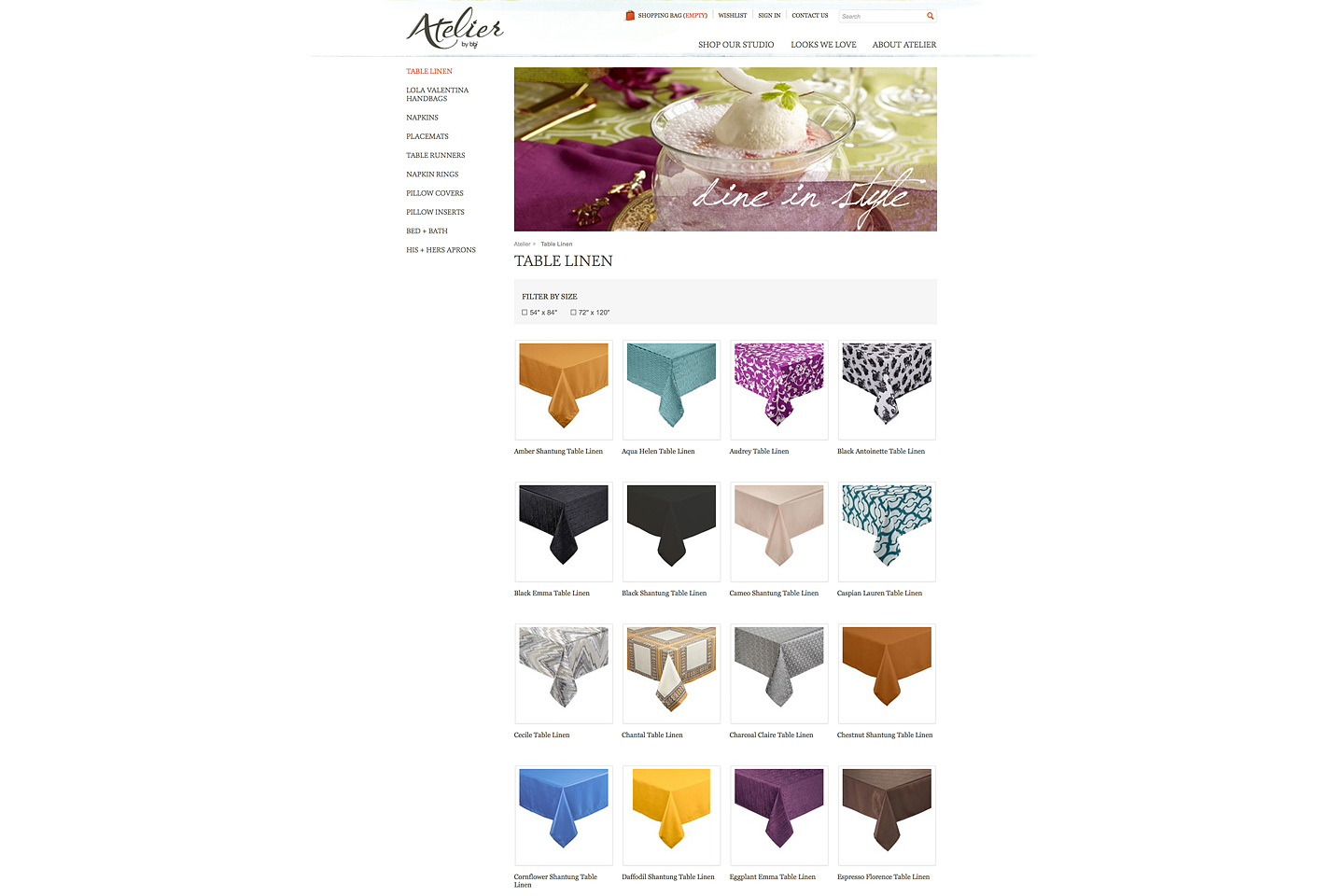 a screen capture of the atelier by bbj table linen landing page, featuring rows of colorful thumbnails depicting various table linen swatches