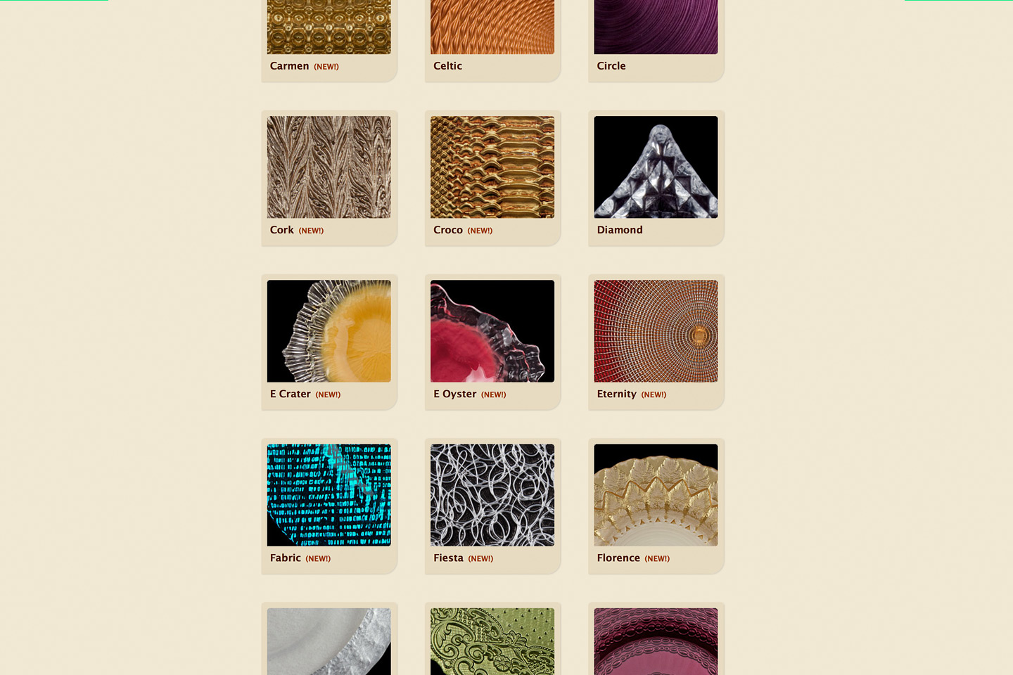 a screen capture of the mandarin orange trading company new collections chargers family, featuring thumbnails of all the new collections charger patterns