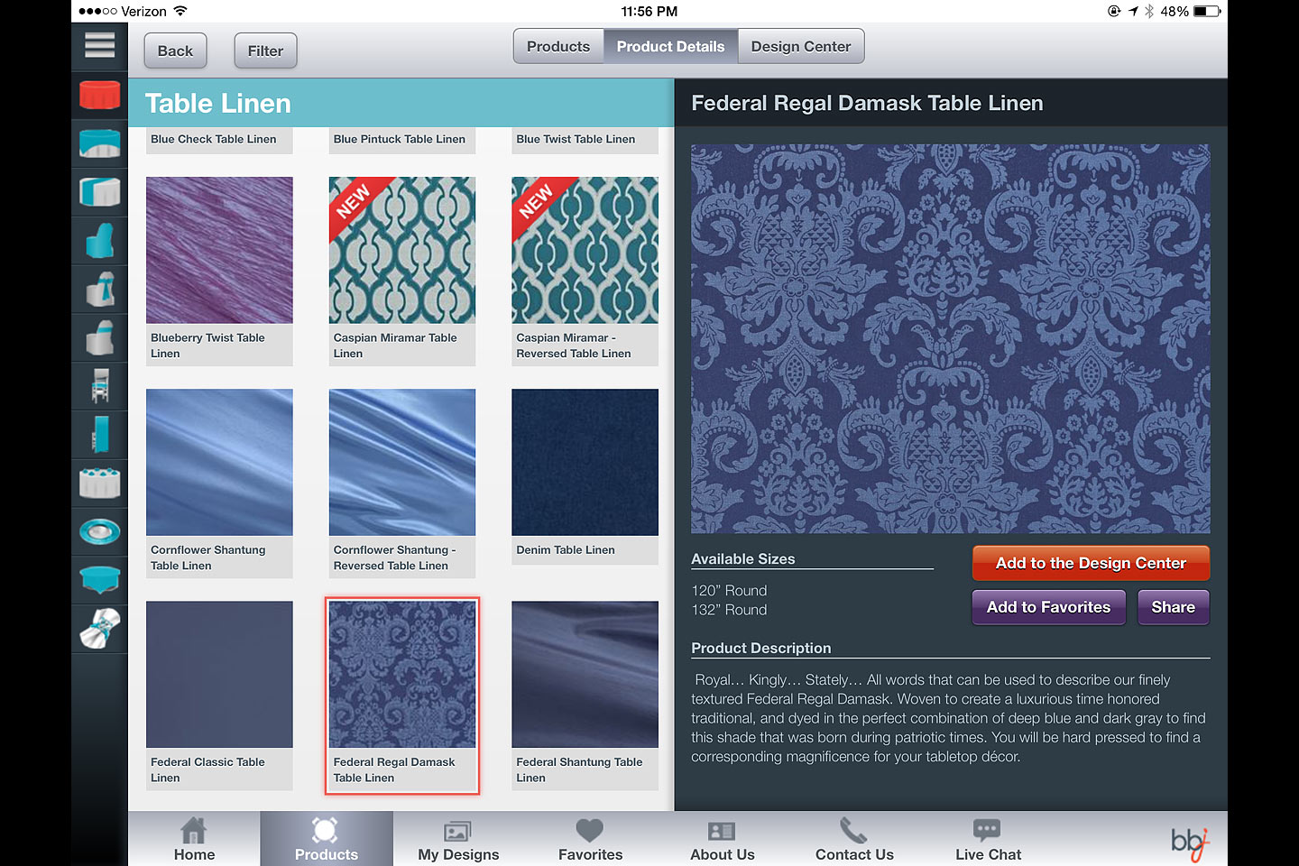 a screen capture of a table linen product details module featured in the bbj linen ios ipad app designed and developed by 4d, inc.