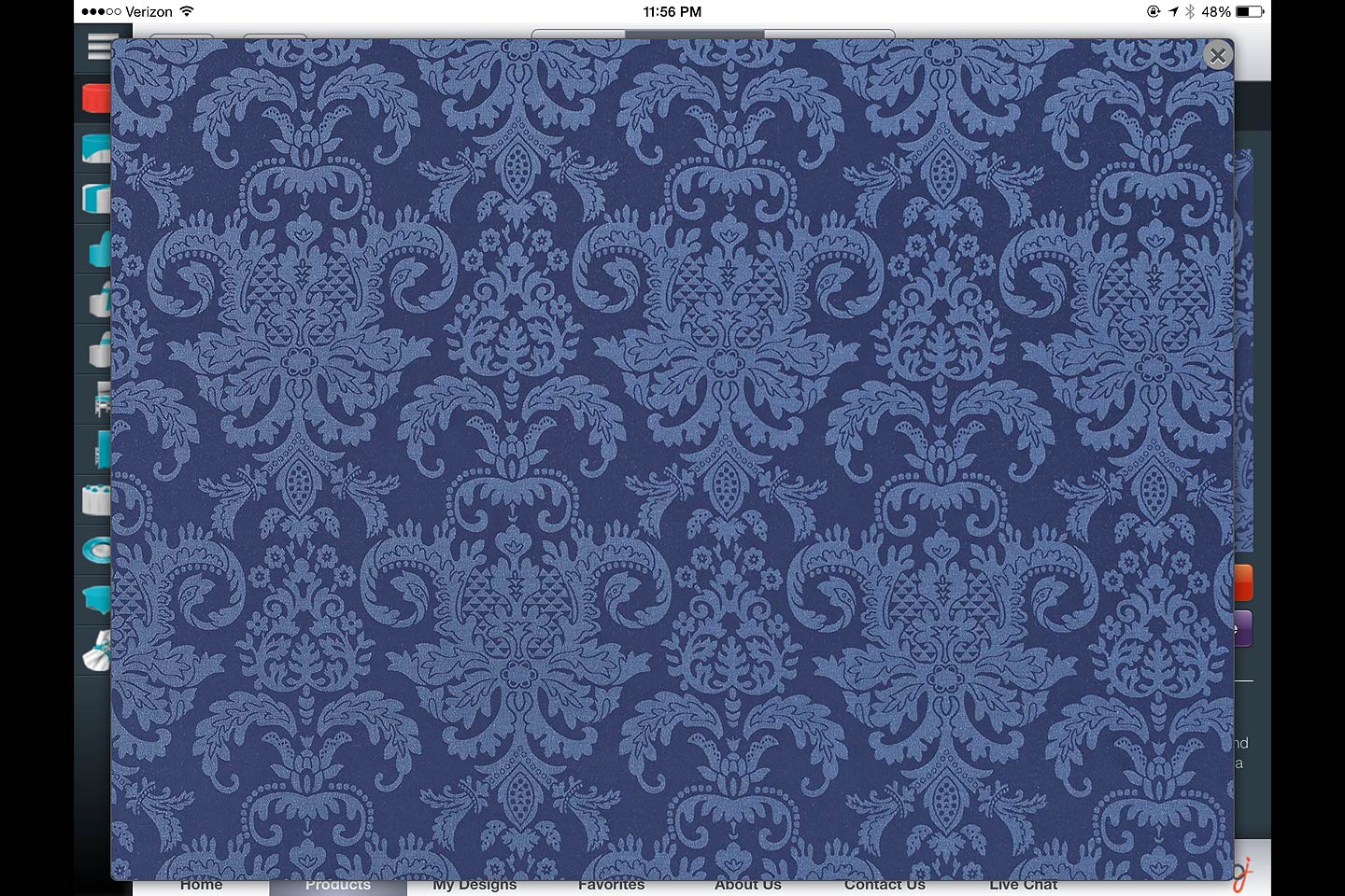a screen capture of a product swatch full-screen enlargement featured in the bbj linen ios ipad app designed and developed by 4d, inc.
