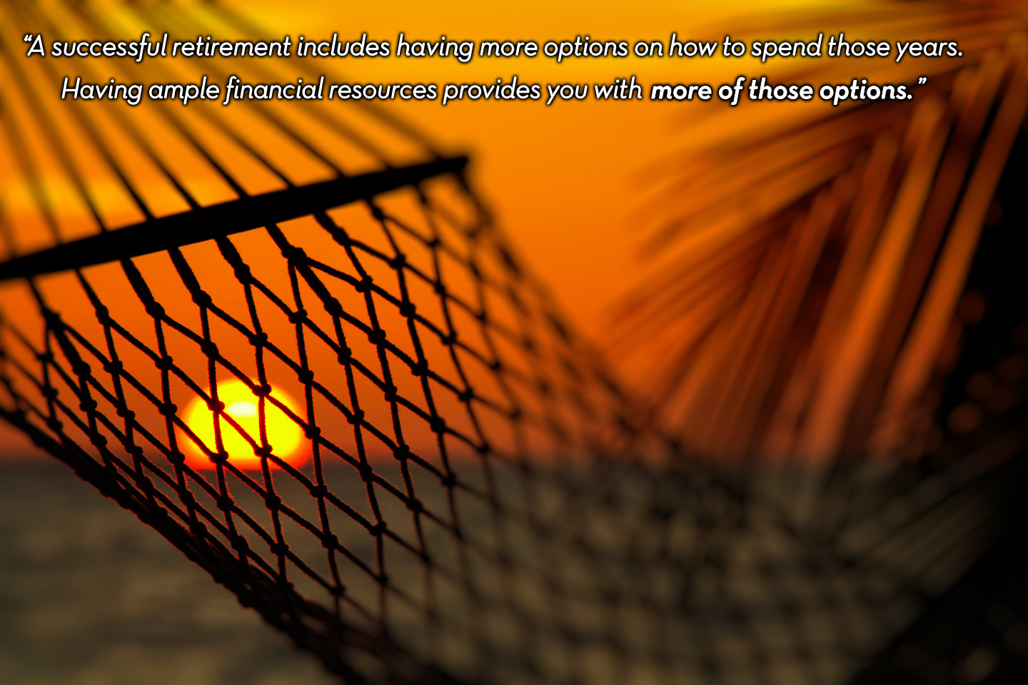 a close-up photo of a relaxing scene: a beautiful golden setting sun shining through the webbing of a hammock suggestive of a relaxing retirement