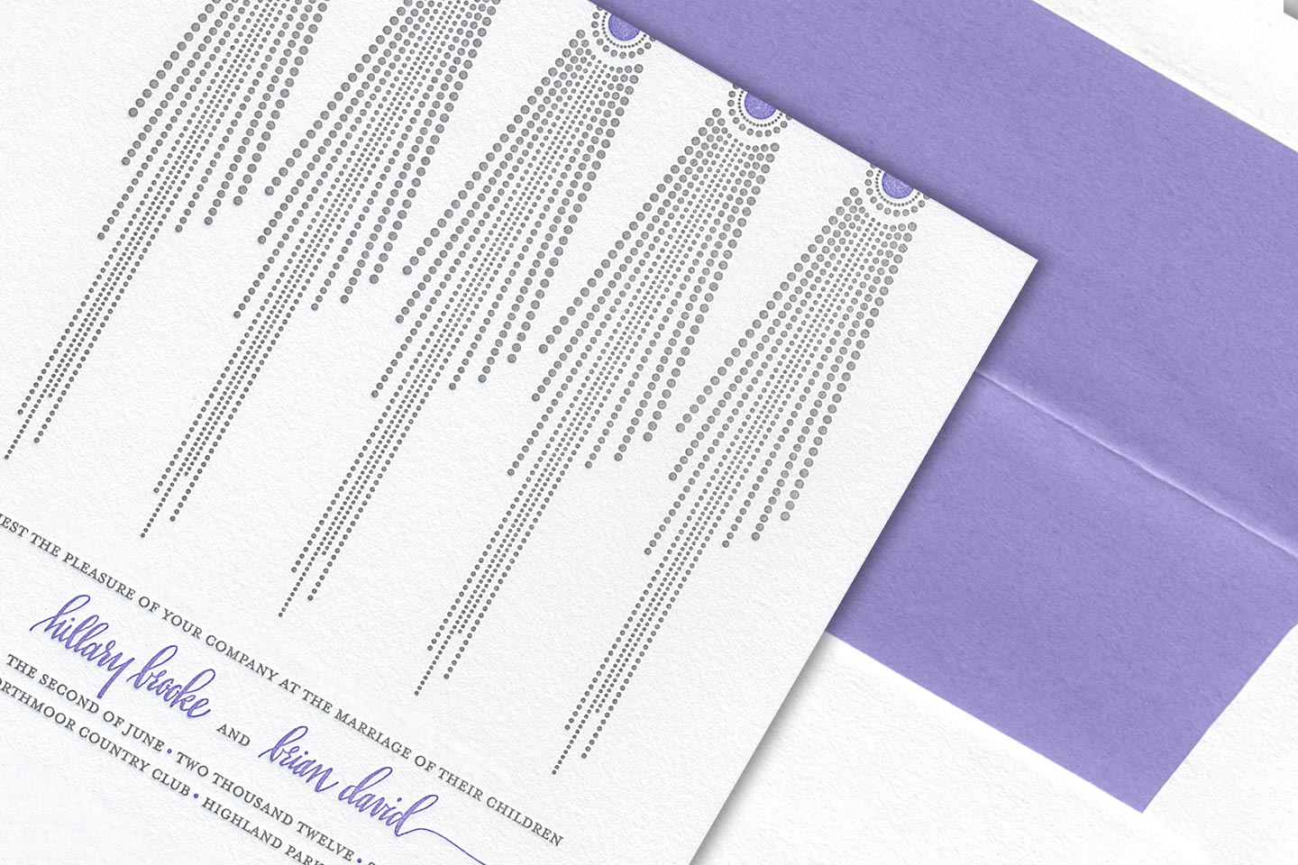 a beautiful sample wedding invitation for hillary brooke and brian david, overlayed on top of its envelope featuring a beautiful lavender liner, captured by 4d, inc