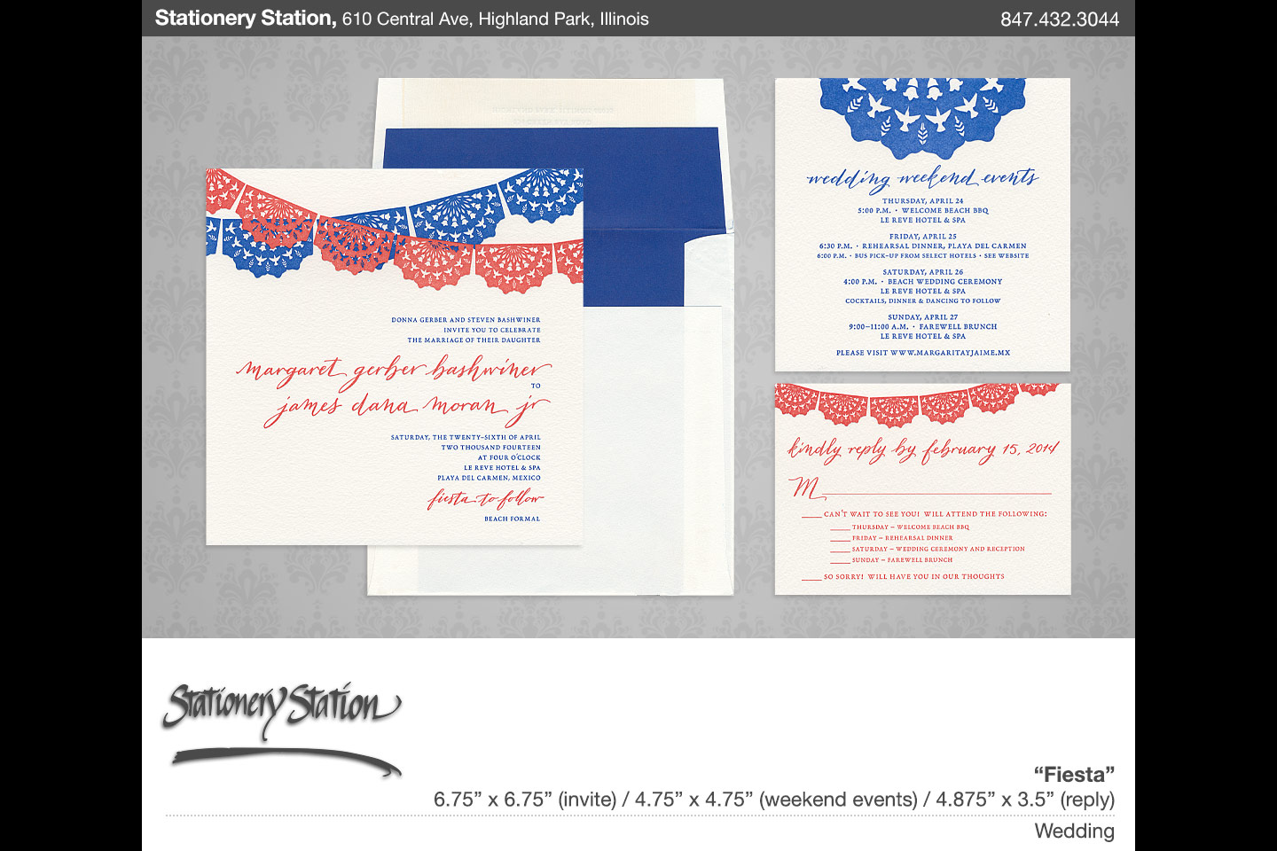 a sample stationery station enlargement of a wedding invitation suite called Fiesta, scanned and digitally arranged by 4d, inc
