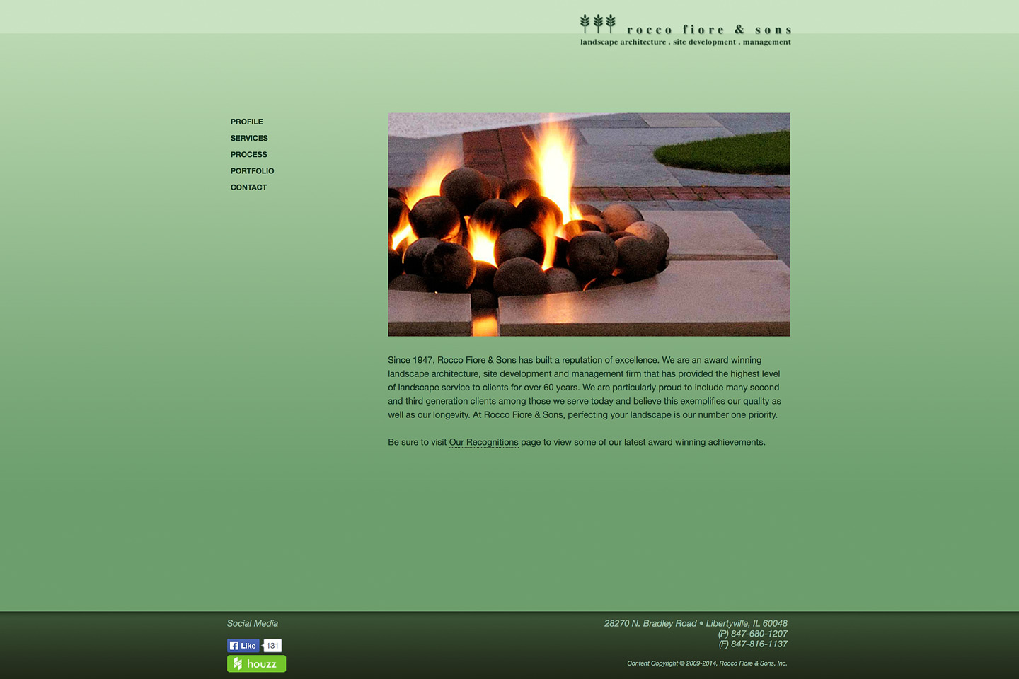 a screen capture of the rocco fiore & sons homepage designed by 4d, inc, featuring a custom designed fire pit