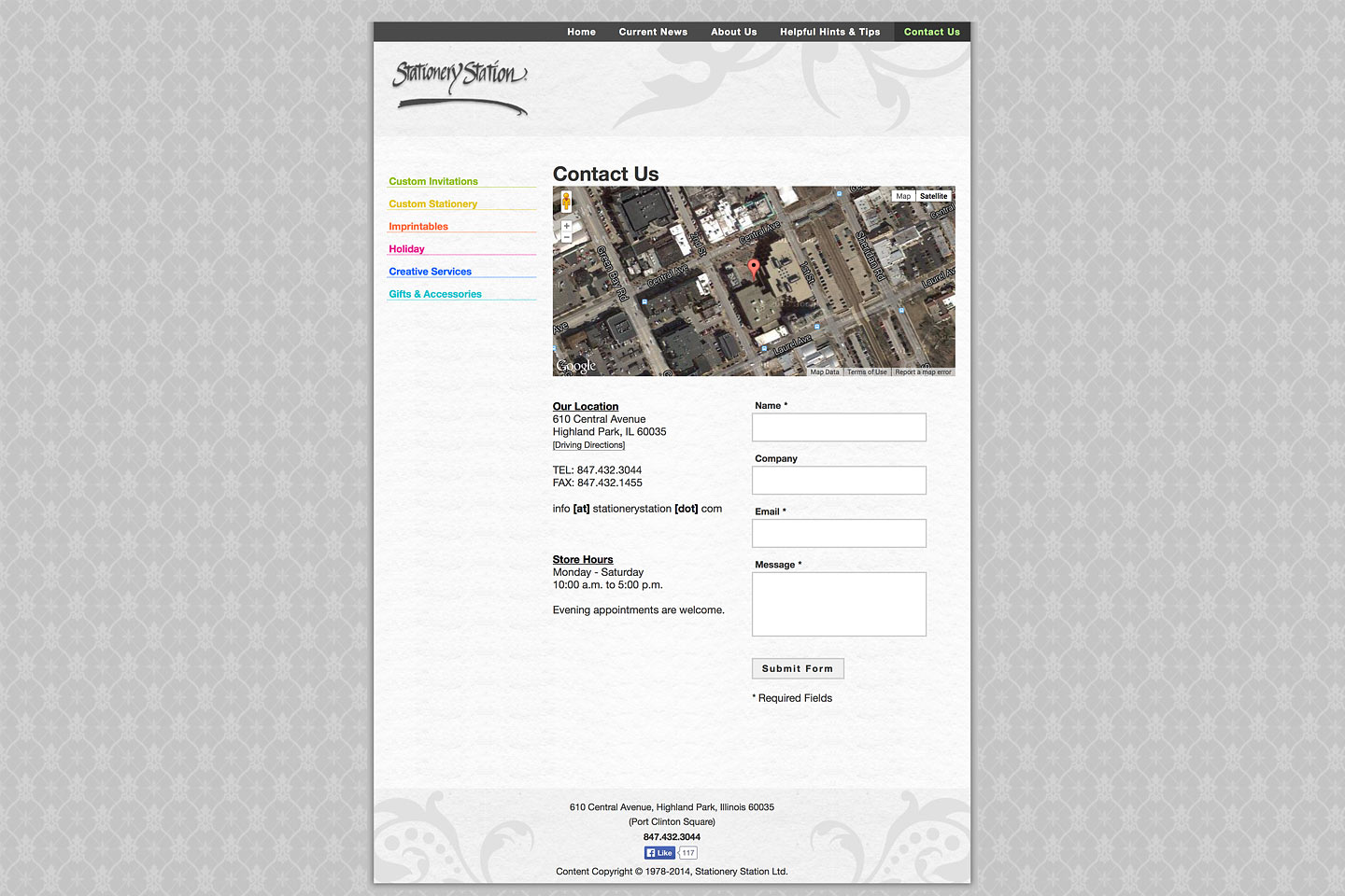 a screen capture of the stationery station contact us page, designed and developed by 4d, inc