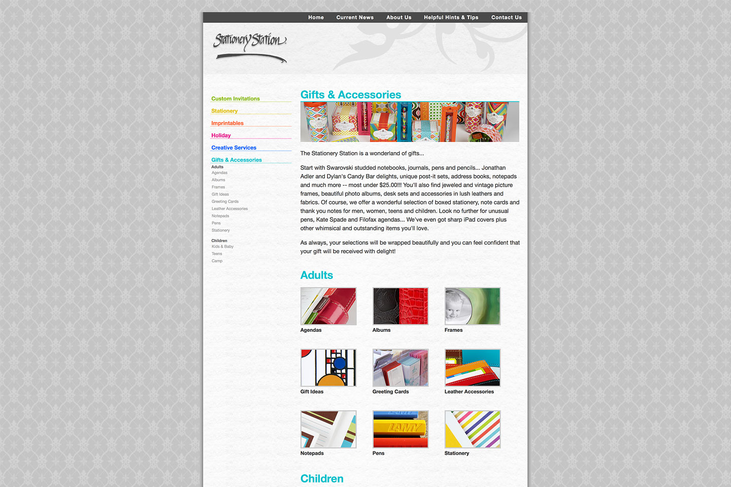 a screen capture of the stationery station gifts & accessories page, designed and developed by 4d, inc