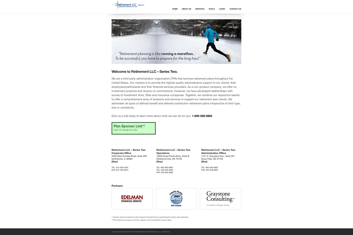 a screen capture of the retirementllc.com homepage which features a wide screen image carousel and a responsive layout