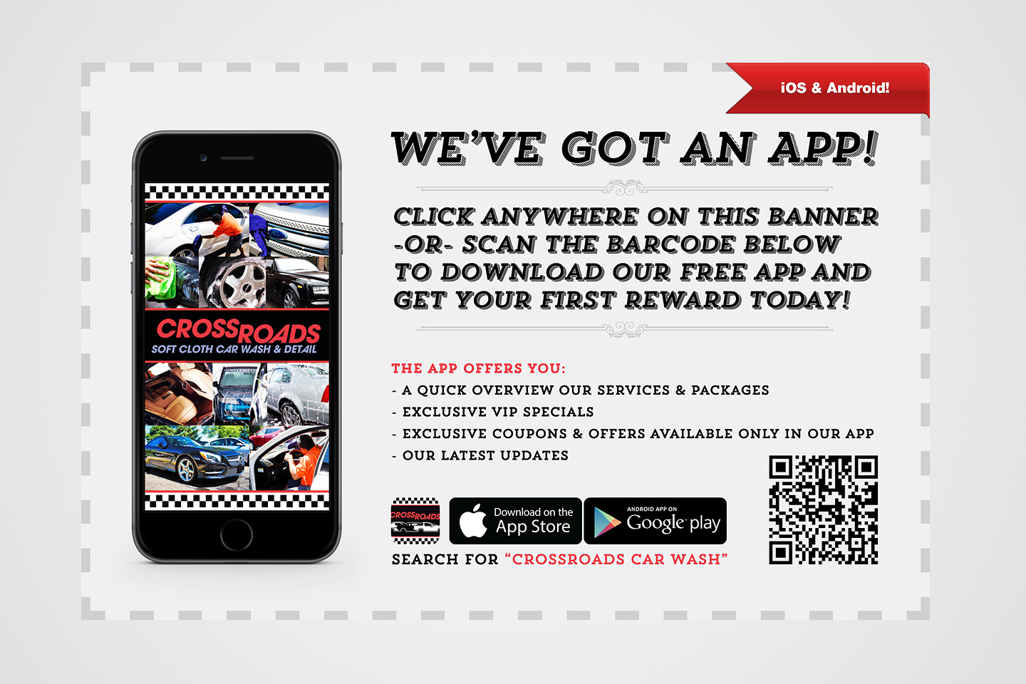 crossroads car wash car new app announcement graphic design by 4d inc