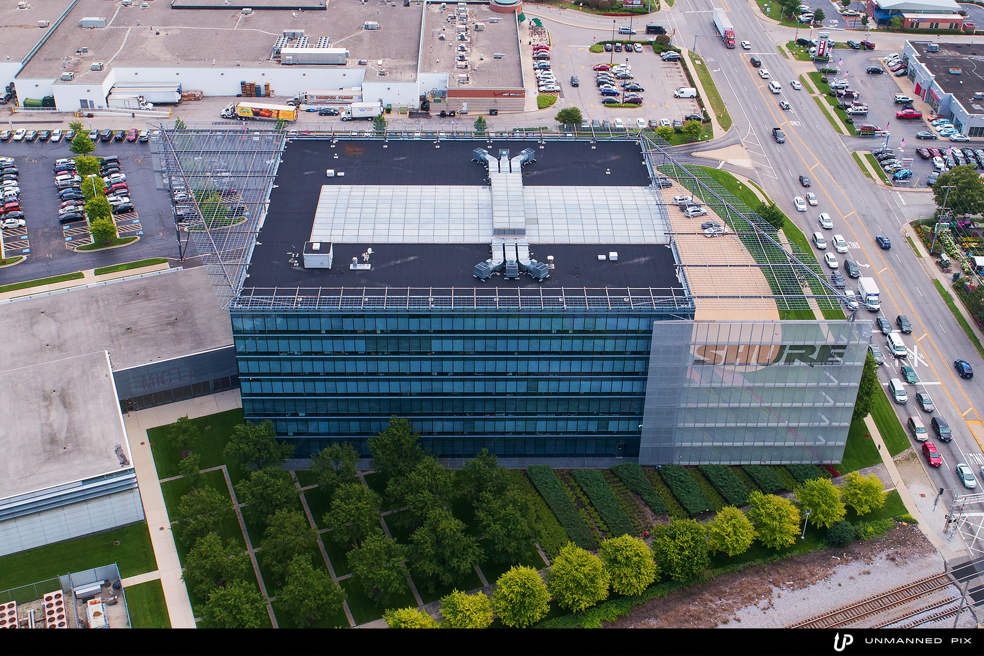aerial view of Shure building, facing east, photographed by jacob rosenfeld with unmannedpix.com