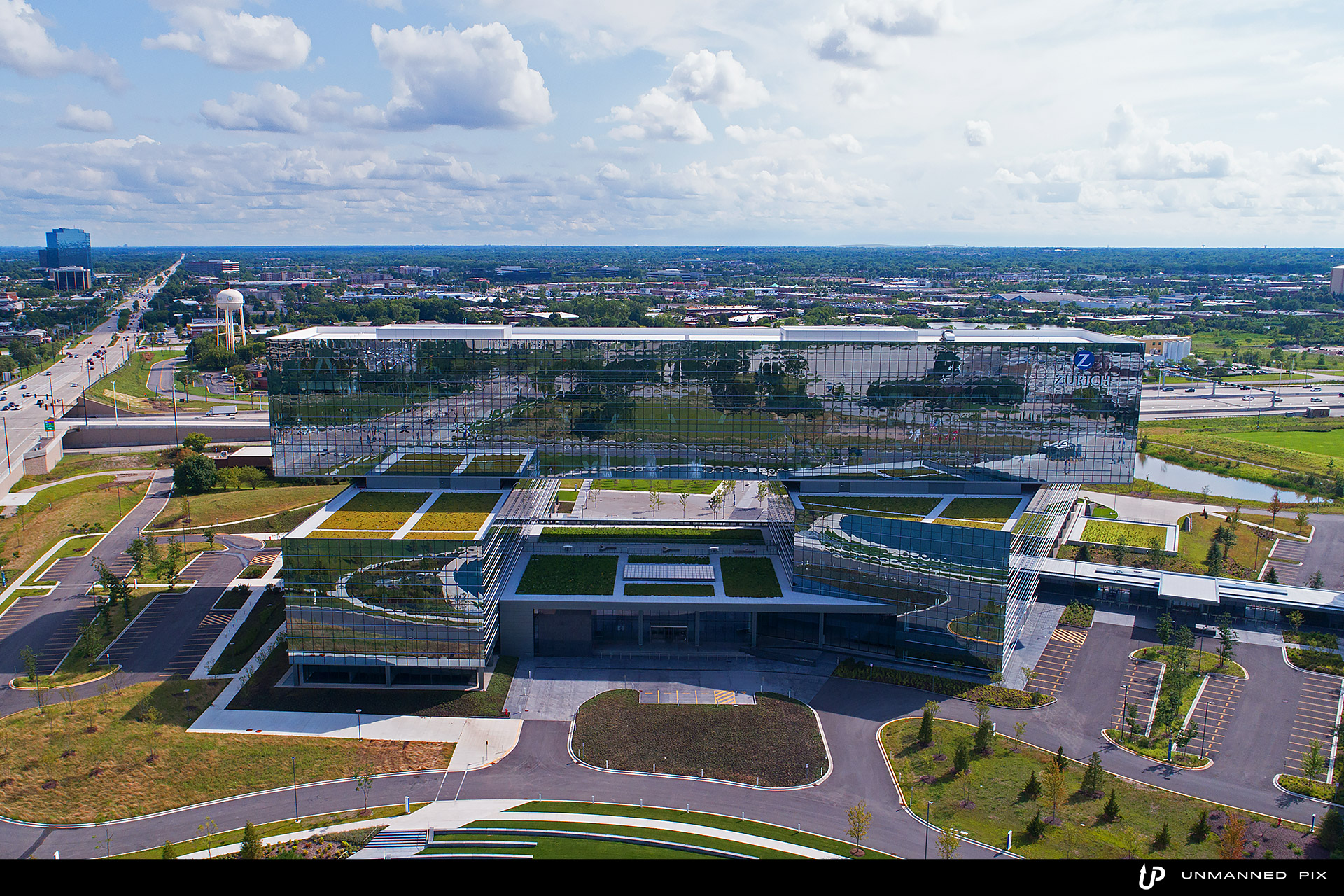 aerial view of the zurich north america headquarters, facing south west, photographed by jacob rosenfeld for unmannedpix.com